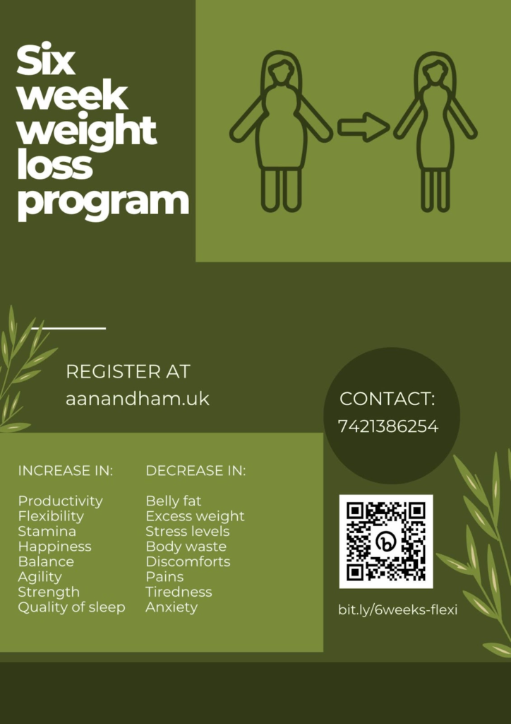 Poster for the Six Week Weight Loss Program, listing increases in productivity, flexibility, stamina and sleep quality and decreases in excess weight, stress and tiredness