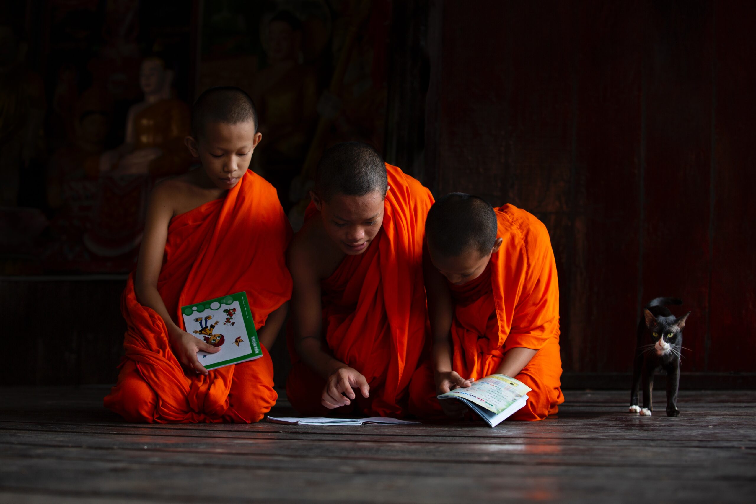 Three young monks in orange robes reading together on a temple floor